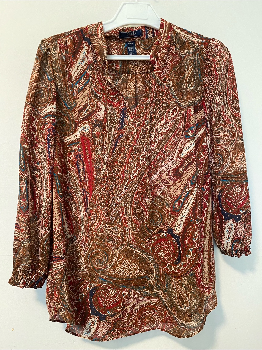 Chaps Paisley Print V-Neck Blouse in Red and Brown